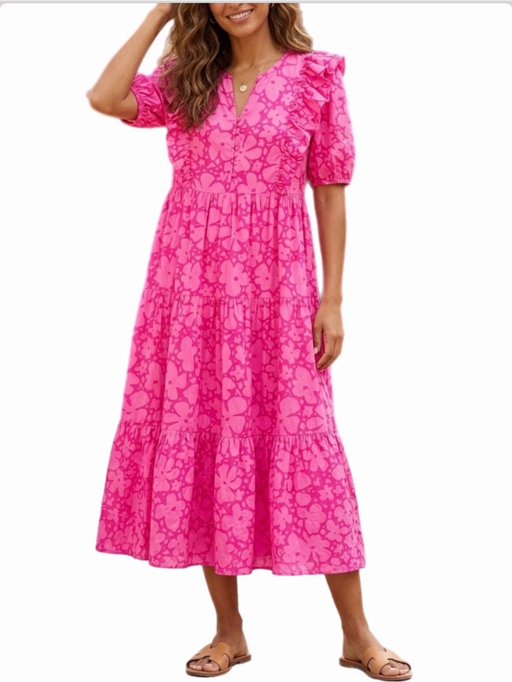 Briton Court Mamie Dress Magenta Floral Tiered Boho Maxi Small